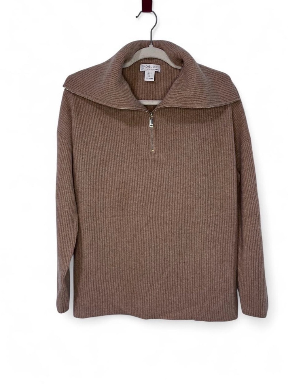 Rachel Zoe 100% 2-Ply Cashmere Sweater Medium Tan Shawl Collar Quarter Zip